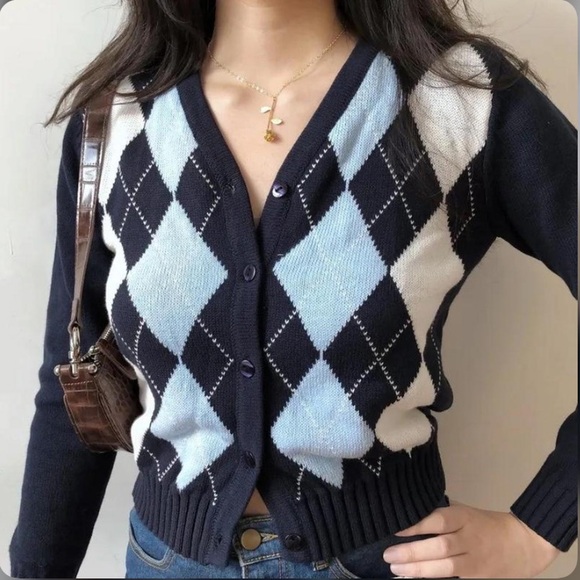 Brandy Melville Elizabeth Argyle Cardigan In Navy Blue & White - Picture 14 of 14